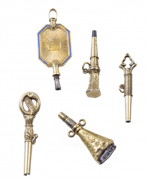 Lote de cinco llaves de reloj S. XVIII-XIX en oro de 14 y 1