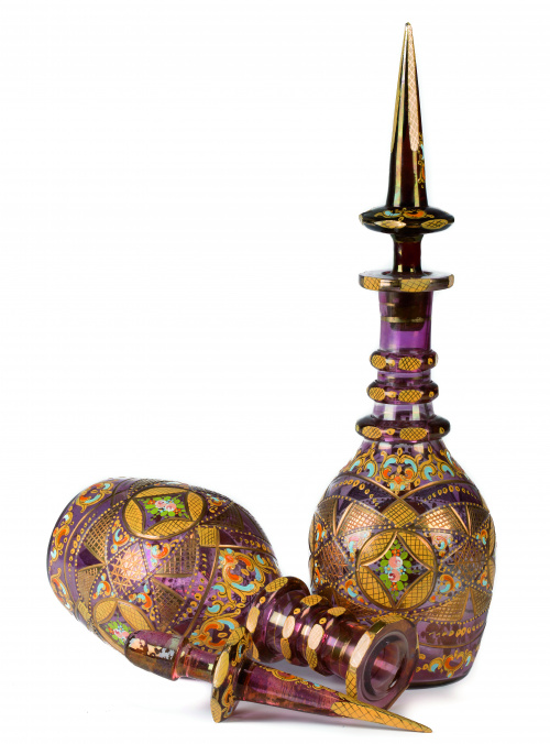 Pareja de botellas esmaltadas y parcialmente doradas. Boh