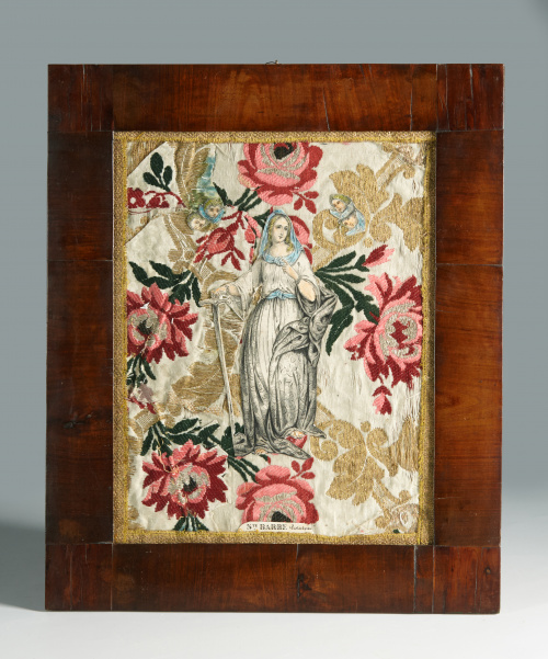 Tela bordada en seda con flores y Santa Bárbara aplicada, S