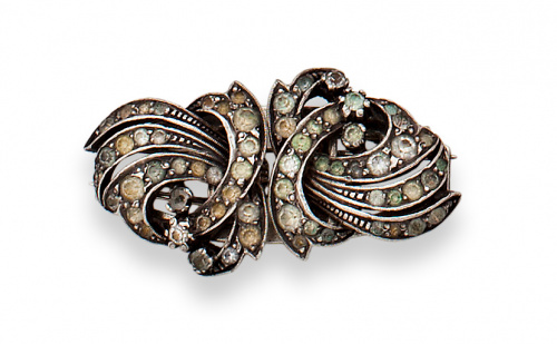 Broche doble clip de plata y strass años 30.