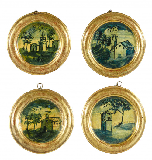 Dos óvalos decorativos Carlos IV pintados con arquitecturas