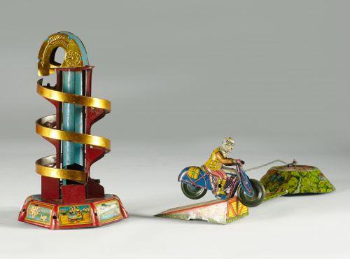 Moto con pista en hojalata policromada, Rico, años 40-50