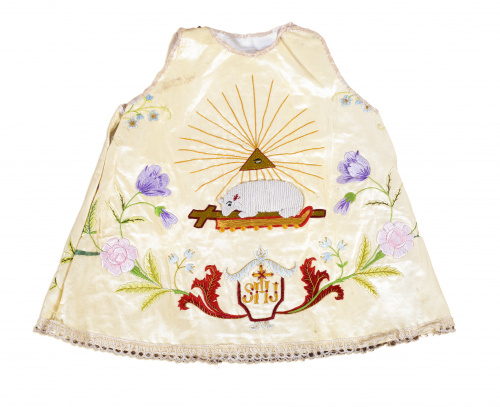 Traje de niño Jesús en seda amarilla con hilos de color bor