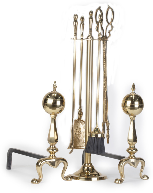 Juego de chimena y morillos de bronce