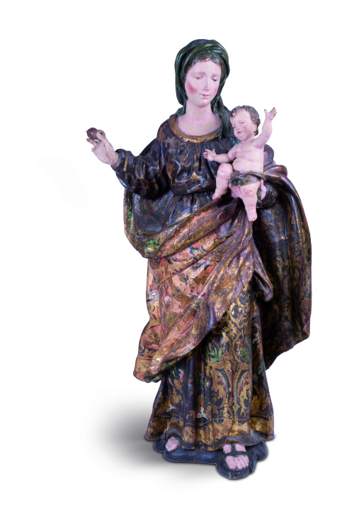 “Virgen con Niño” Escultura en madera tallada, estofada, d