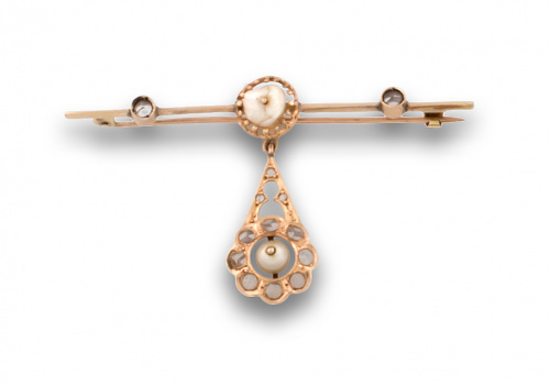 Broche de ffs s.XIX con perla y rosetón colgante