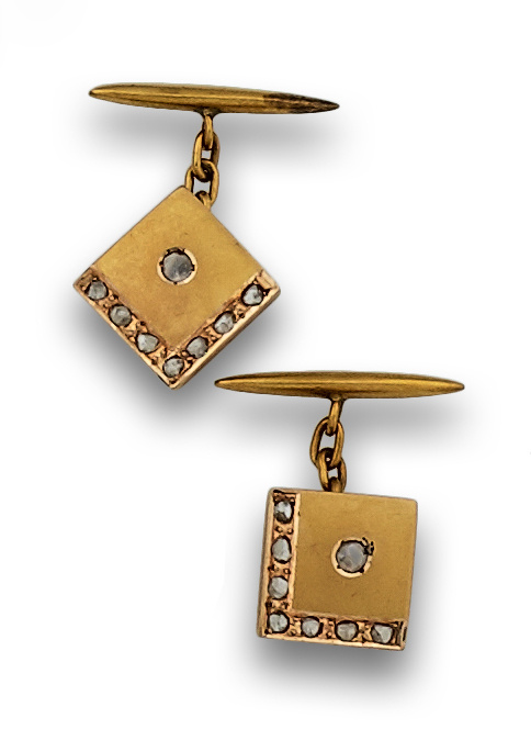 Gemelos de pp s.XX de cuadrados con diamantes y  en oro mat