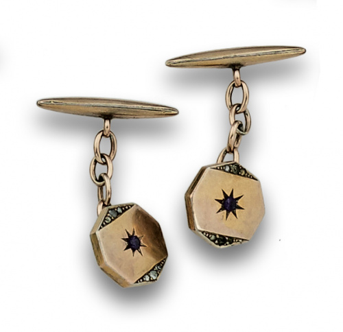 Gemelos octogonales de pps s XX en oro de 14K con zafiros b