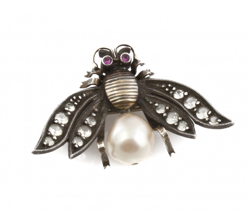 Broche en forma de abeja con perla cultivada ,zafiros blanc