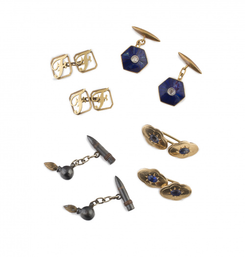Gemelos de pp. S. XX con hexágonos de esmalte azul y diaman