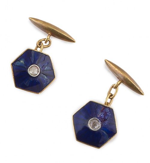 Gemelos de pp. S. XX con hexágonos de esmalte azul y diaman