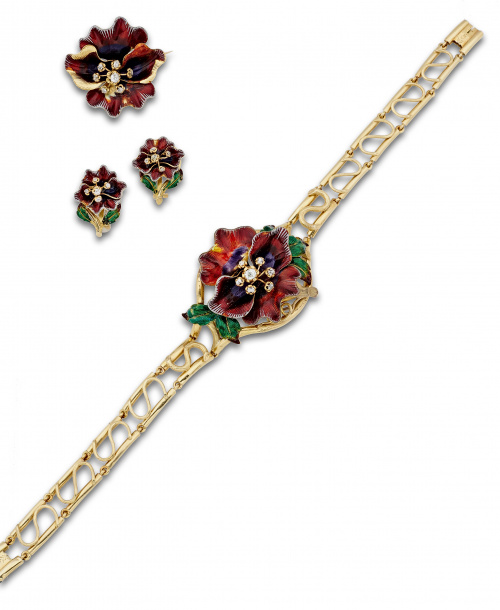 Conjunto Art Nouveau de collar,broche y pendientes con flor