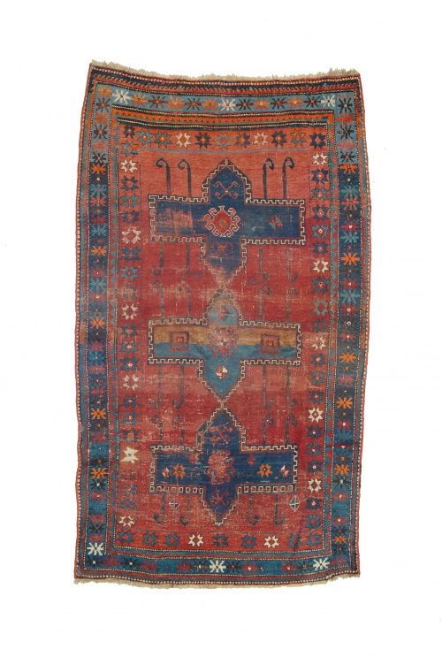 Alfombra Kazak en lana de campo rojo y decoración de flores