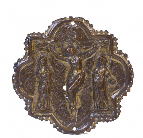 “Crucifixión”Aplique polilobulado de bronce, con restos de