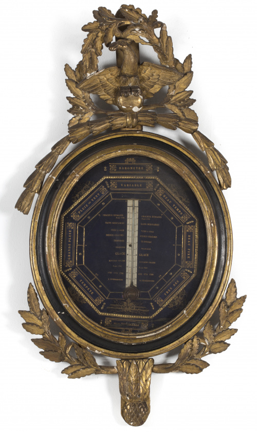Barómetro de época consulado de madera tallada, estucada y 