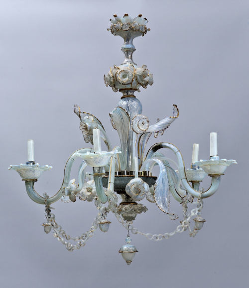 Lámpara en cristal de cinco brazos de luz.Murano, S. XX.