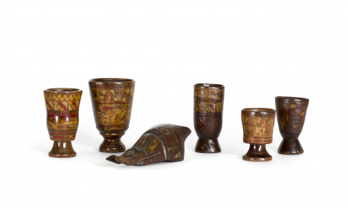 Tres Keros de madera con decoración de marquetería policrom