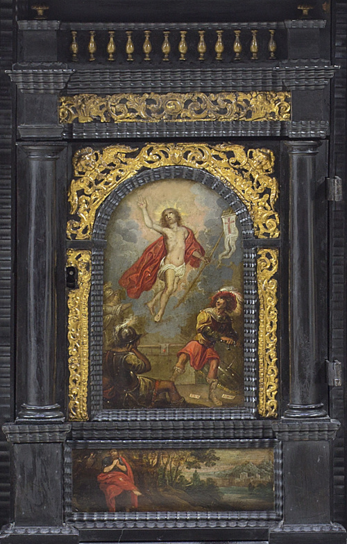 Escritorio en madera de pino, ébano y palosanto con cobres 