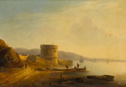 ESCUELA ESPAÑOLA, SIGLO XIXPaisaje costero con ruinas y fi