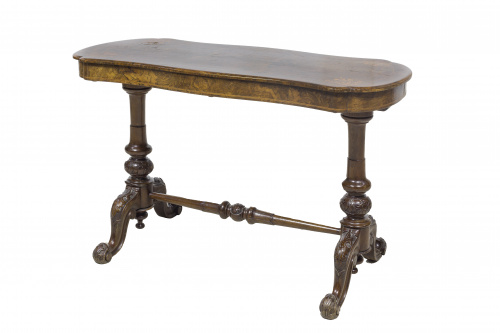 Mesa auxiliar victoriana con tapa en madera de raíz de noga