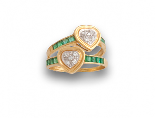 Sortija con corazón de pavé de brillantes y esmeraldas cali