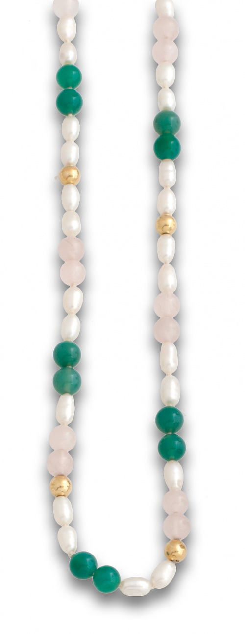 Collar de cuentas de perlas,ágatas,cuarzos rosas y oro de 1