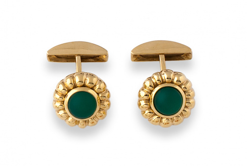 Gemelos flor con cabuchones de ágata verde matizada rodeada