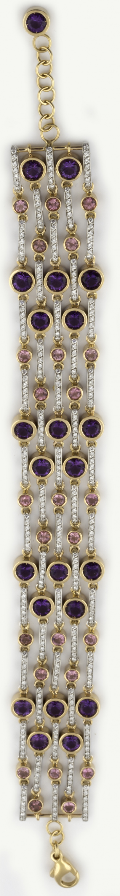 Brazalete ancho articulado con amatistas y turmalinas rosas