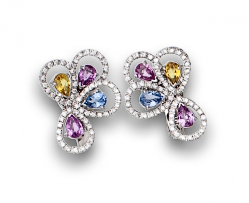 Pendientes flor con perillas de zafiros rosas, amarillos y 