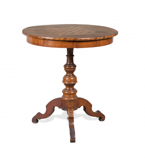 Velador de madera de nogal y marquetería de maderas finas, 