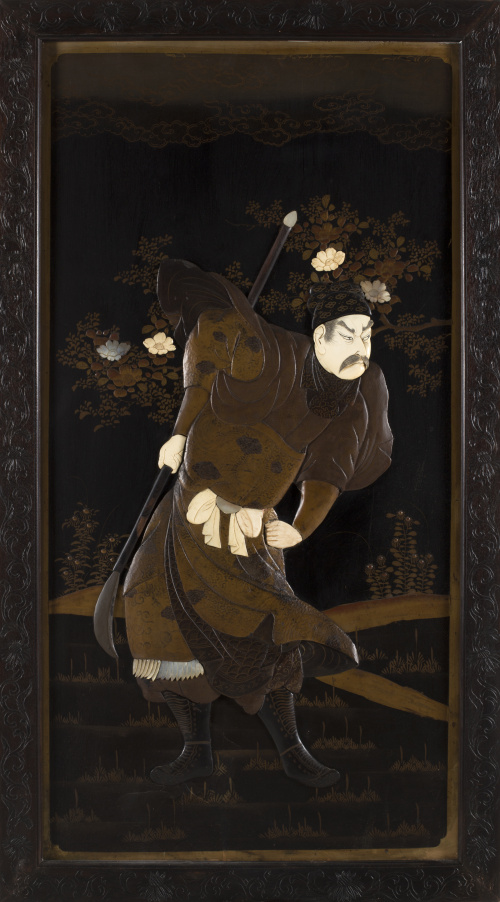 Dos paneles en madera lacada, marfil y nácar.Japón, S. XIX