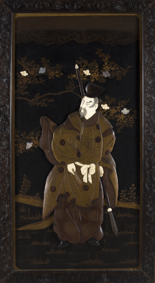 Dos paneles en madera lacada, marfil y nácar.Japón, S. XIX