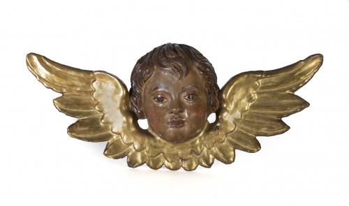Cabeza de ángel con alas en madera de pino tallada, policro