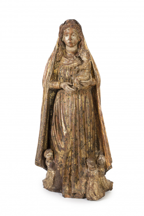 “Virgen con Niño” escultura en madera tallada, policromada 