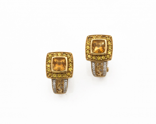 Pendientes con cuadrado de cuarzo citrino orlado de zafiros