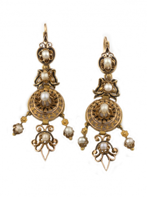 Pendientes largos s.XIX franceses, con perlas finas y borde