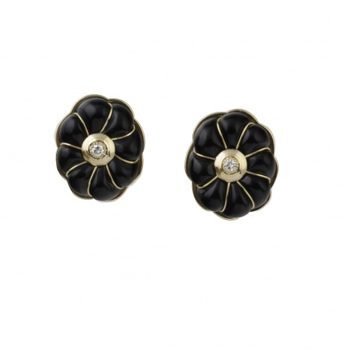 Pendientes en forma de camelia en ónix con brillante en su 
