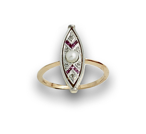 Anillo lanzadera Art-Decó con perla central y rubíes calibr