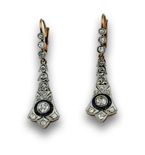 Pendientes largos Art-Decó con brillantes y diamantes en fo