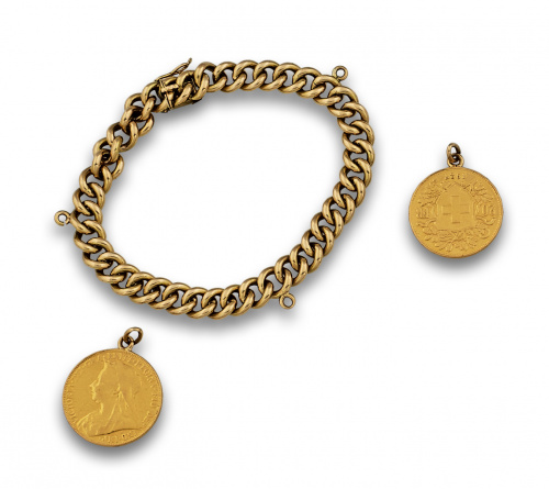 Pulsera de eslabón barbado en oro de 18K con dos monedas co