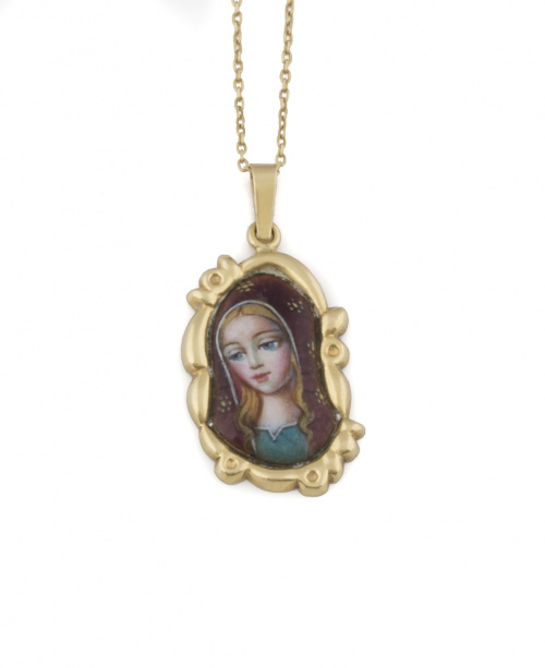 Colgante con esmalte de Virgen en marco de oro de 18K con c