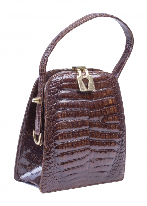 Bolso de mano vintage en piel de cocodrilo marrón con asa c