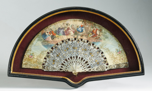 Abaniquera con abanico con escena costumbrista y varillaje 