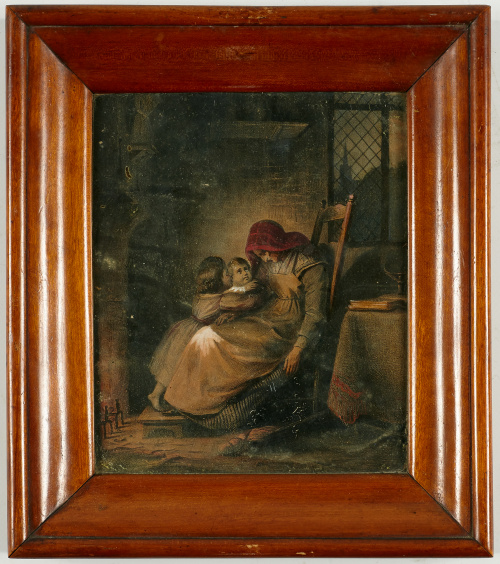 ESCUELA INGLESA, H. 1800Anciana con dos niñas junto al fue