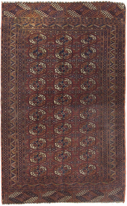 Alfombra Bucara de campo granate y elementos geométricos.P