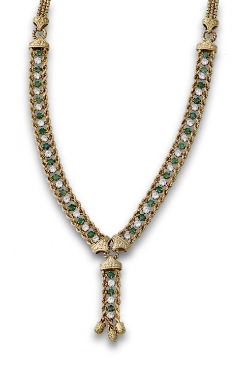 Collar de esmeraldas y circonitas entre cordón y cadena de 