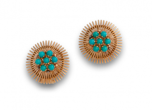 Pendientes de turquesas años 50 con marco de hilos de oro.