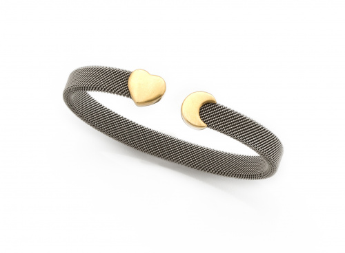Brazalete en malla de acero con corazón y luna en oro de 18