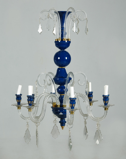Lámpara de seis luces, en cristal con vástago azul cobalto 
