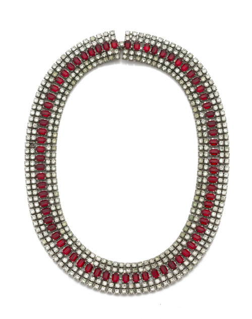 Collar de fantasía años 50 con strass rojo y blanco en meta